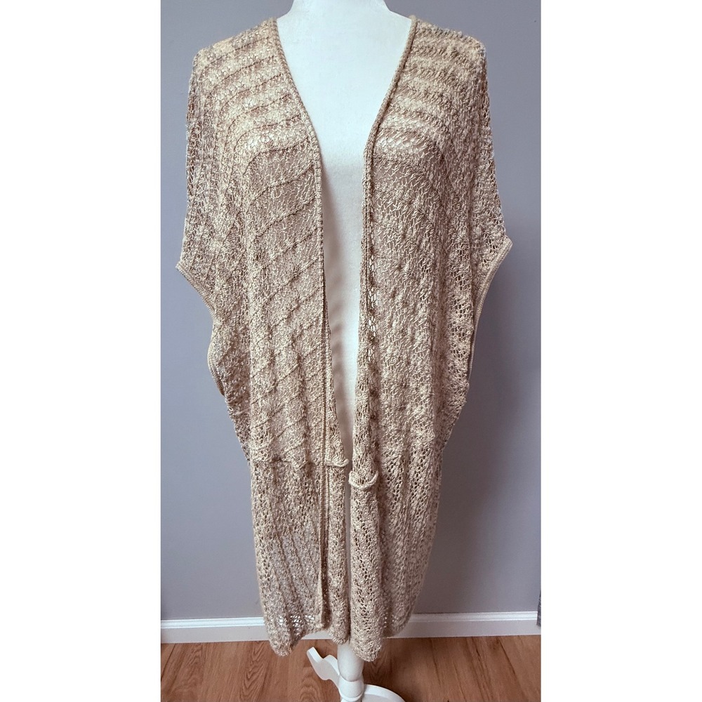 Chico's Travelers Collection Open‎ Knit Crochet Longline Cardigan Tan L/XL